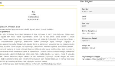 Ağrı Merkez’de 180,61 m2 daire icradan satılıktır