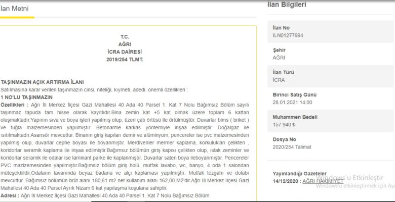 Ağrı Merkez’de 180,61 m2 daire icradan satılıktır