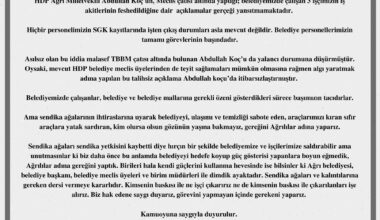 Ağrı Belediyesi: “HDP’li Koç’un belediyede çalışan 3 işçinin iş akitlerinin feshedildiği açıklamaları gerçeği yansıtmamaktadır”