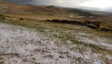 Ağrı’da aniden bastıran dolu çevreyi beyaza bürüdü
