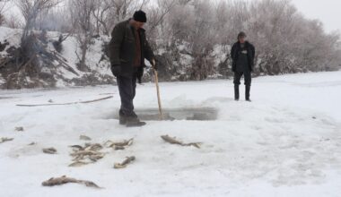 Ağrı’da balıkçılar eksi 30 derecede buzu kırıp balık avlıyor