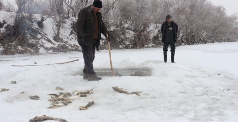 Ağrı’da balıkçılar eksi 30 derecede buzu kırıp balık avlıyor